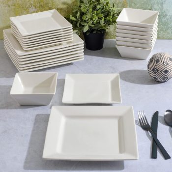 Juego de vajilla cuadrada de porcelana resistente a astillas y rayaduras, blanca, 24 piezas para 8 personas