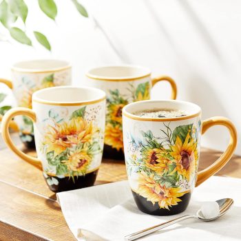 Juego de 4 tazas de cerámica de 18 oz para café y té, con diseño floral y asas doradas