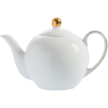 Tetera blanca clásica con borde dorado – ideal para té de hojas sueltas y bolsitas, perfecta para fiestas de té